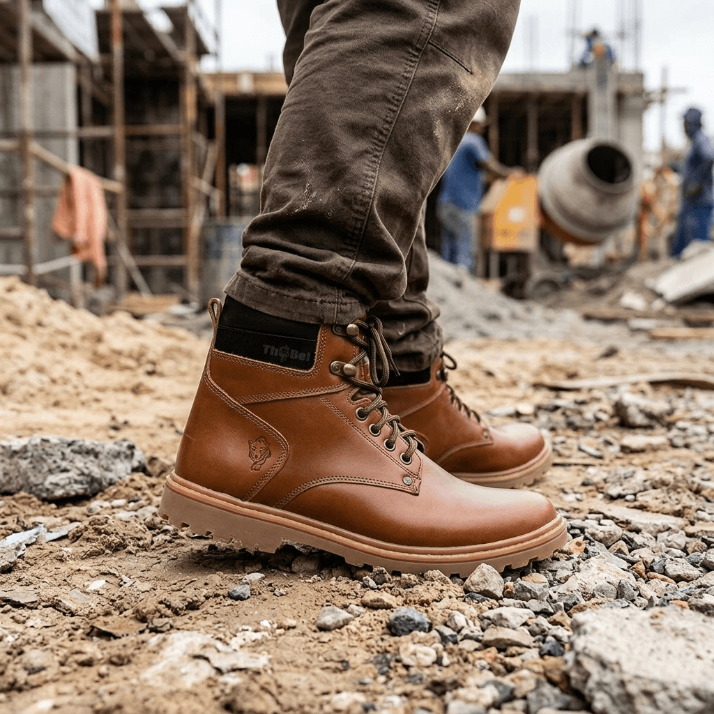Bota Work Masculina Thabel WorkBel Anti Perfuro Conhaque com CA em ambiente de construção, conforto e estilo.
