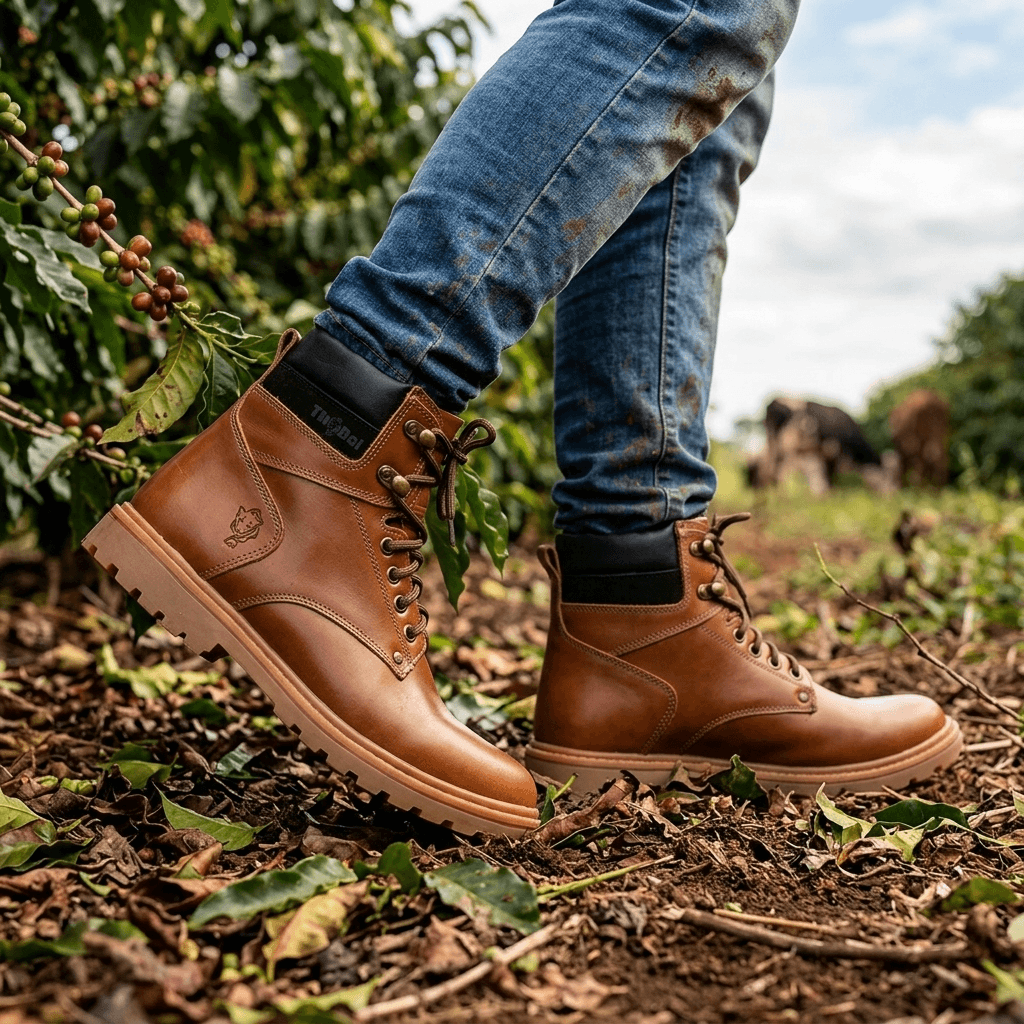 Bota Work Masculina Thabel WorkBel Anti Perfuro Conhaque com CA em ambiente natural, transmitindo estilo e conforto.