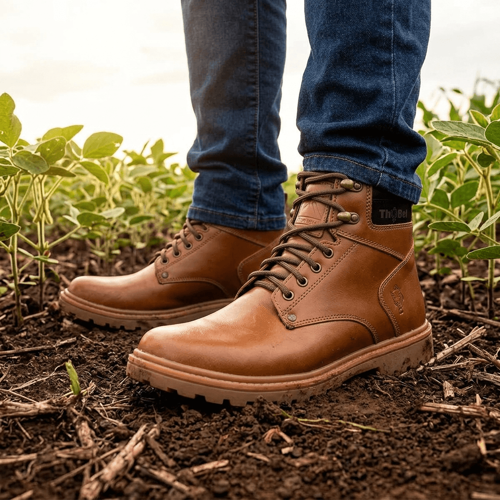 Bota Work Masculina Thabel WorkBel Anti Perfuro Conhaque com CA em um campo de trabalho.