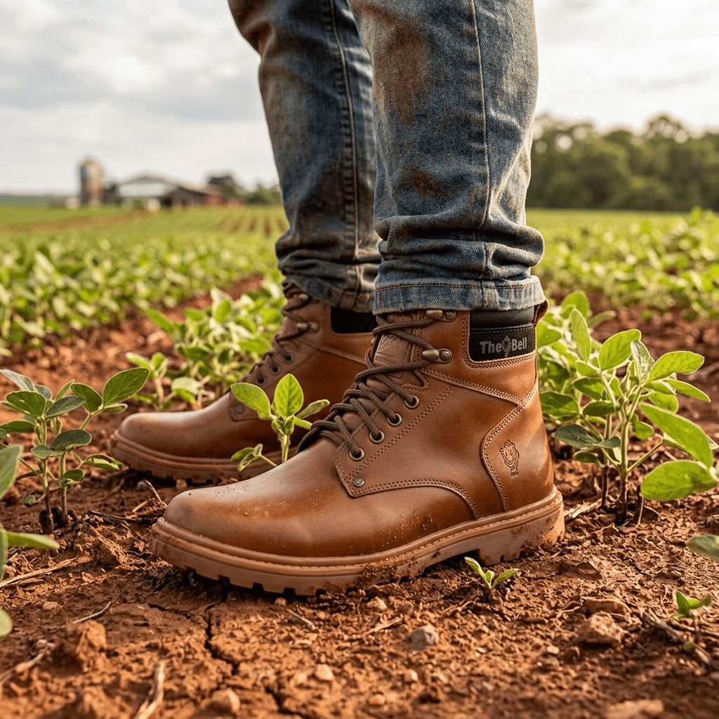 Bota Work Masculina Thabel WorkBel Anti Perfuro Conhaque com CA em campo, destacando estilo e conforto ao trabalhar.