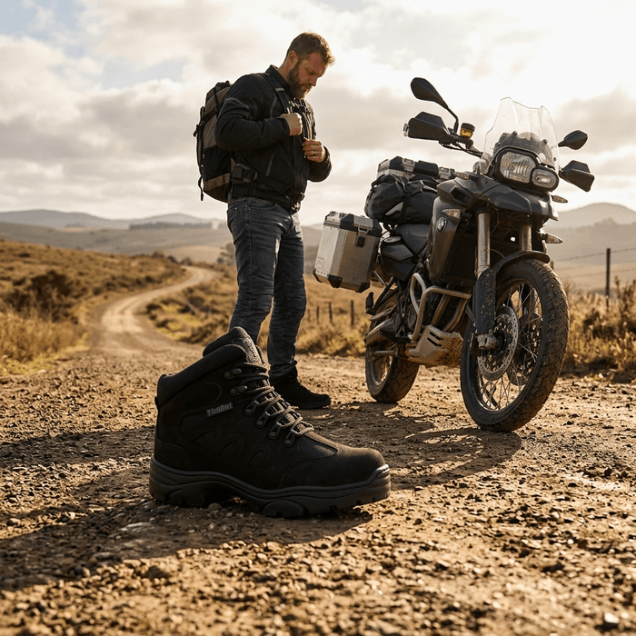 Bota Militar Thabel ThunderBel Anti Perfuro Preta com CA em cena de aventura ao ar livre.