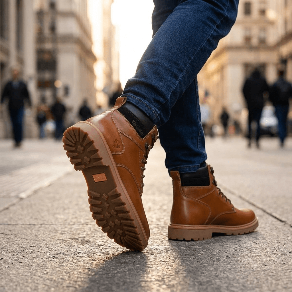 Bota Work Masculina Thabel WorkBel Anti Perfuro Conhaque com CA em uso, destacando conforto e estilo urbano.