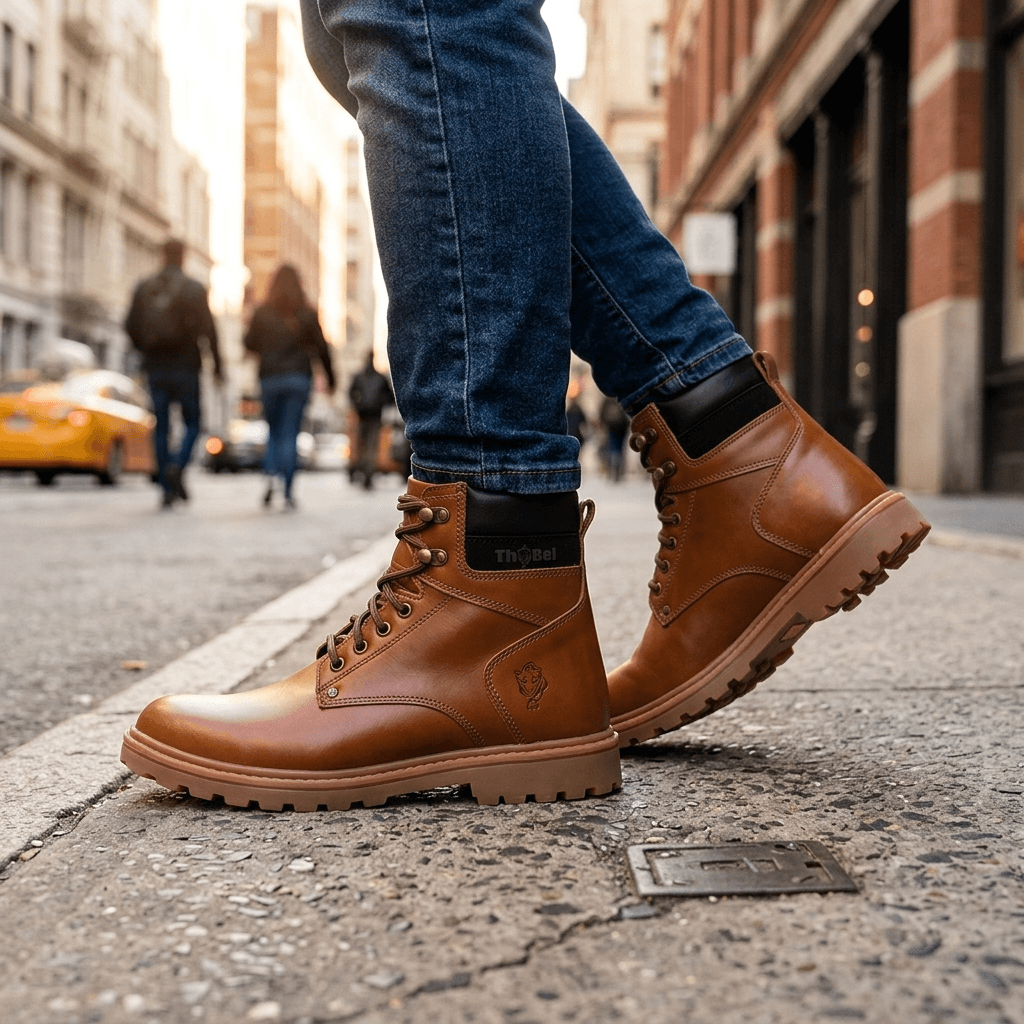 Bota Work Masculina Thabel WorkBel Anti Perfuro Conhaque com CA em estilo urbano e elegante.