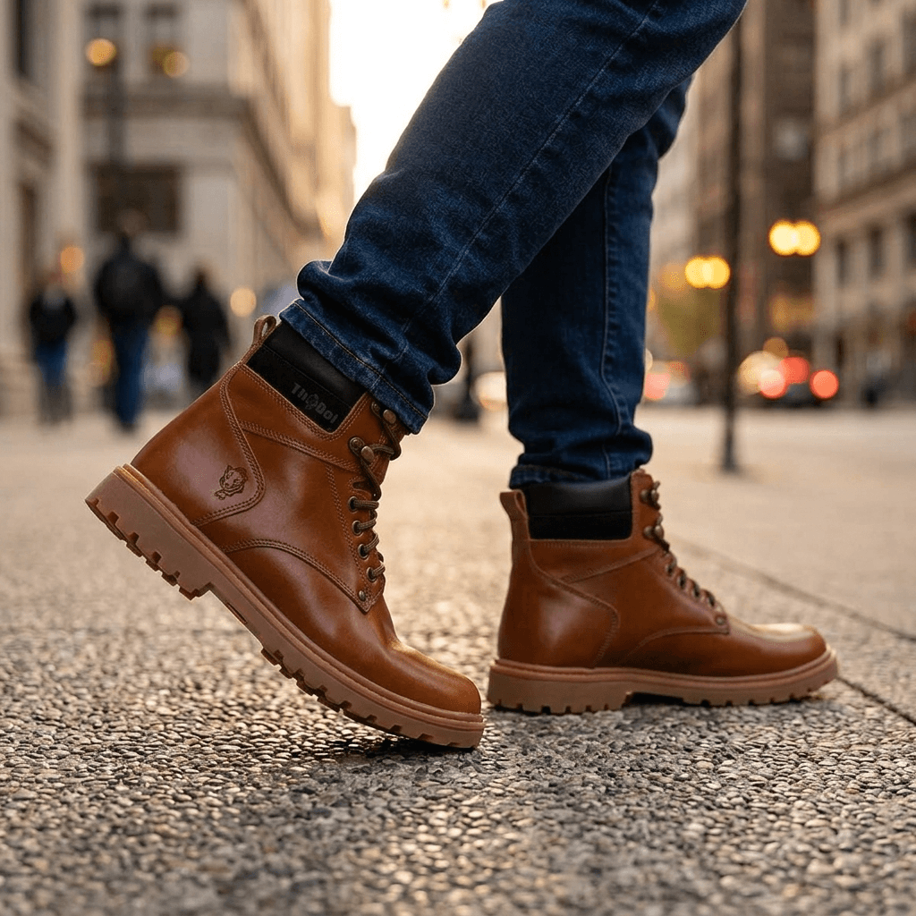 Bota Work Masculina Thabel WorkBel Anti Perfuro Conhaque com CA em ambiente urbano, destacando conforto e estilo.