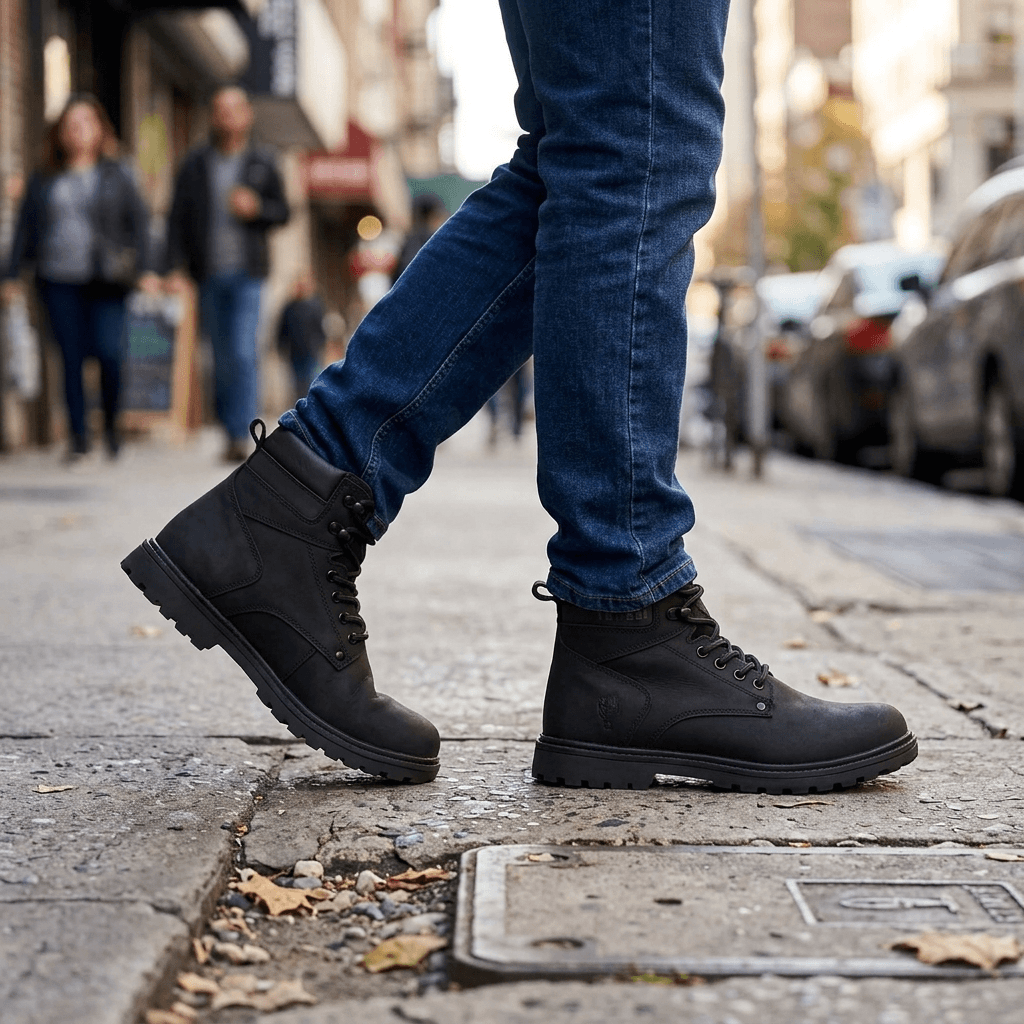 Bota Masculina Work Thabel WorkBel Anti Perfuro Preto com CA em ambiente urbano, proporcionando estilo e conforto.