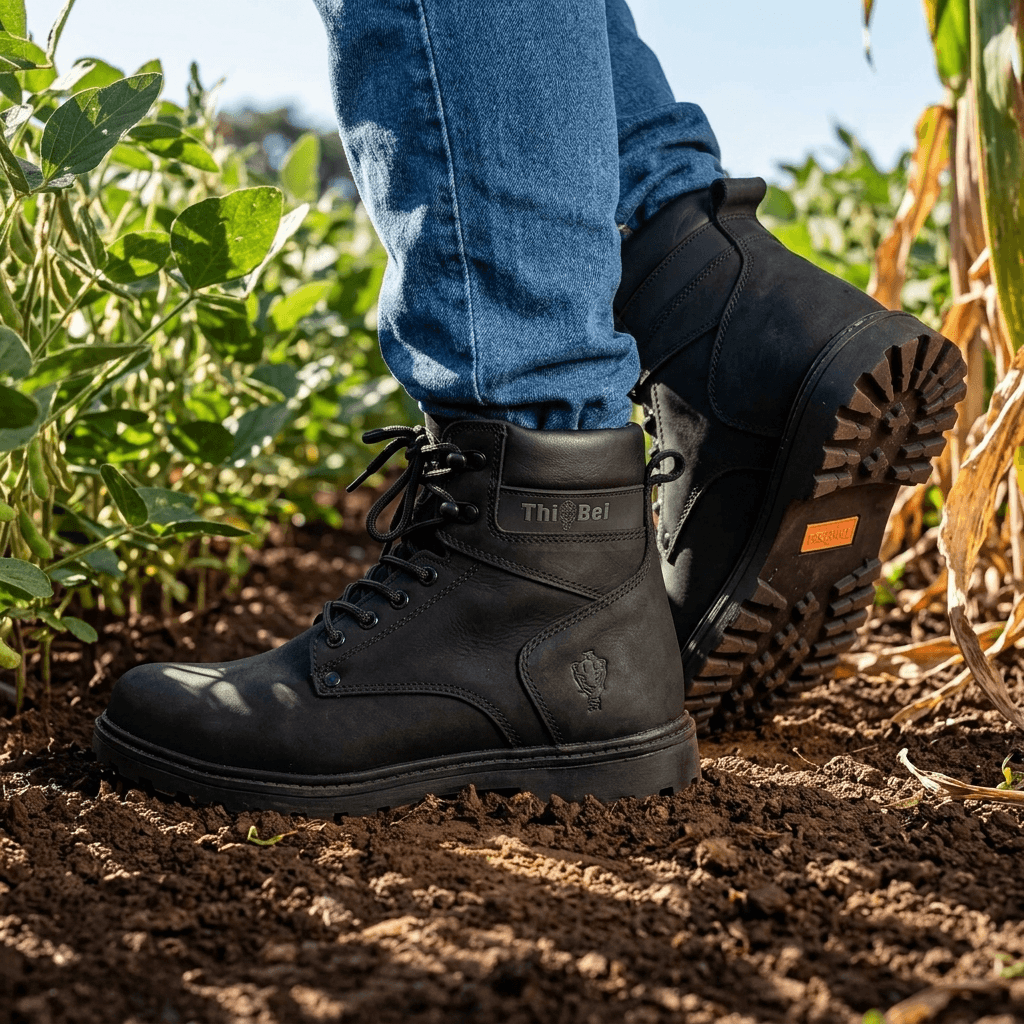 Bota Masculina Work Thabel WorkBel Anti Perfuro Preto com CA em um ambiente de trabalho ao ar livre.