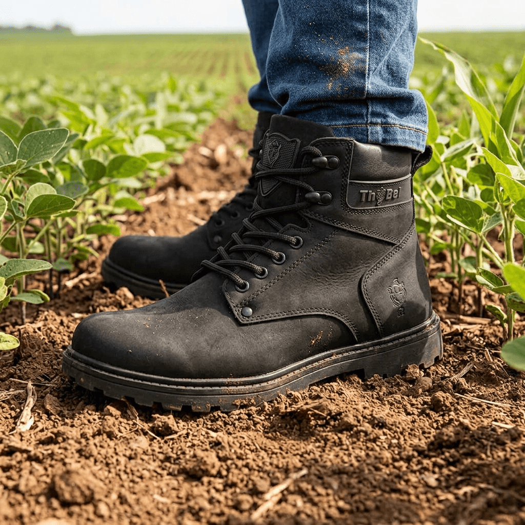 Bota Masculina Work Thabel WorkBel Anti Perfuro Preto com CA em ambiente de trabalho no campo.