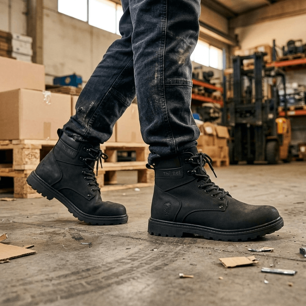 Bota Masculina Work Thabel WorkBel Anti Perfuro Preto com CA em ambiente de trabalho.