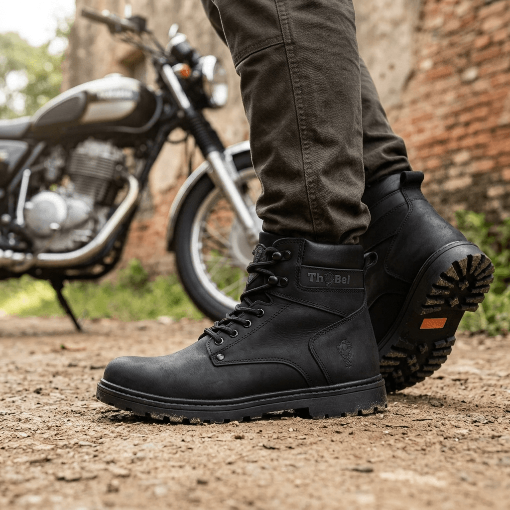 Bota Masculina Work Thabel WorkBel Anti Perfuro Preto com CA em ambiente urbano com motocicleta ao fundo.