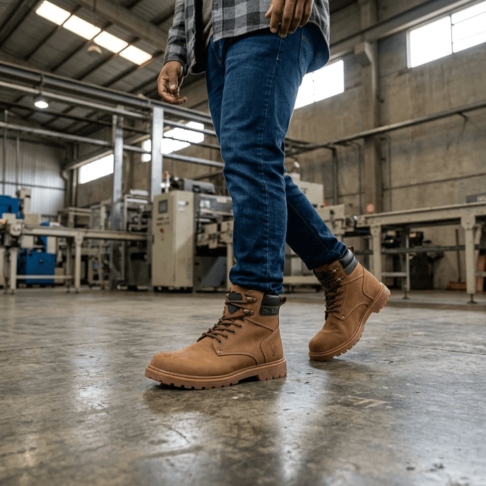 Bota para Trabalho Thabel WorkBel Anti Perfuro Coyote com CA em uso em ambiente industrial.