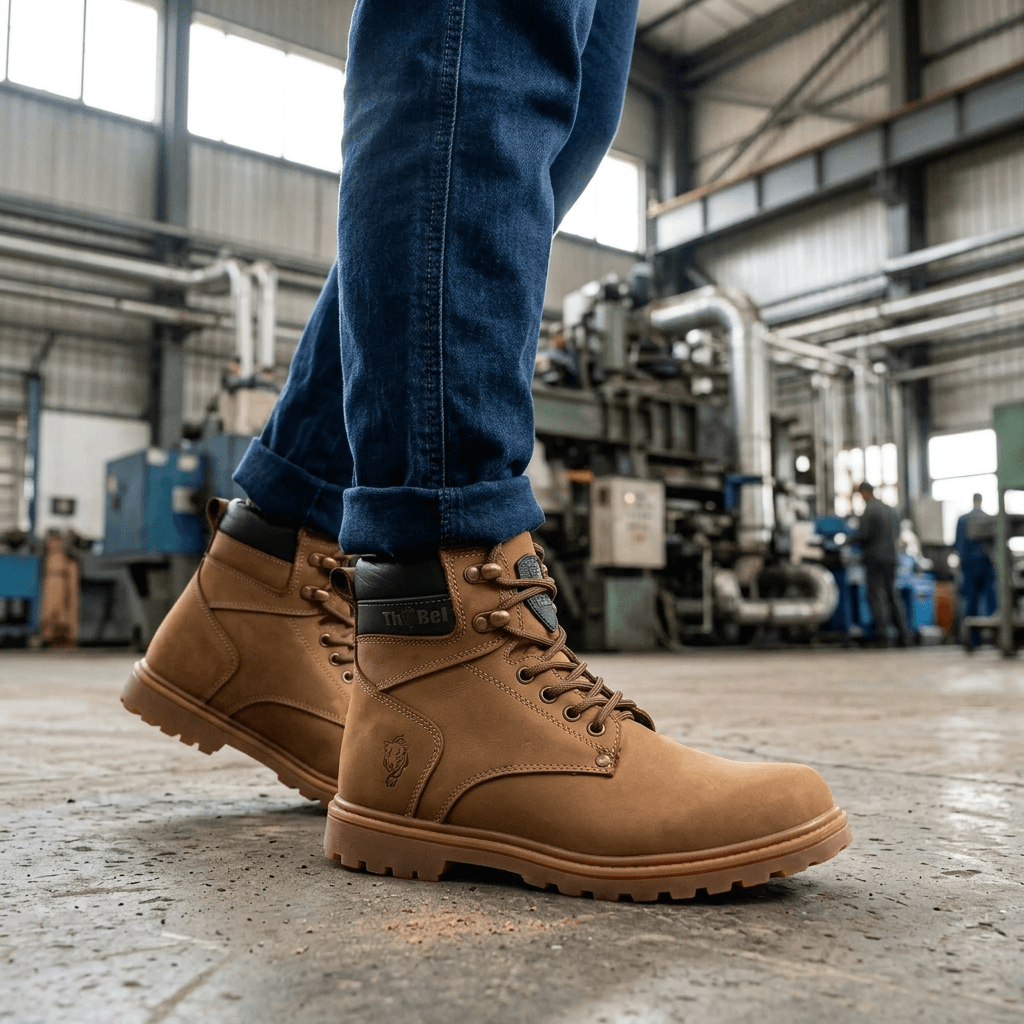 Bota para Trabalho Thabel WorkBel Anti Perfuro Coyote com CA em ambiente de trabalho moderno