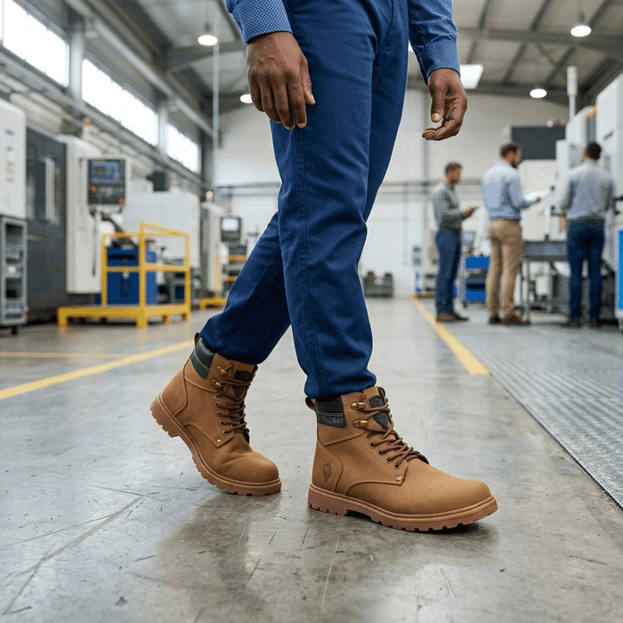 Bota para Trabalho Thabel WorkBel Anti Perfuro Coyote com CA em ambiente industrial, confortável e estilosa.