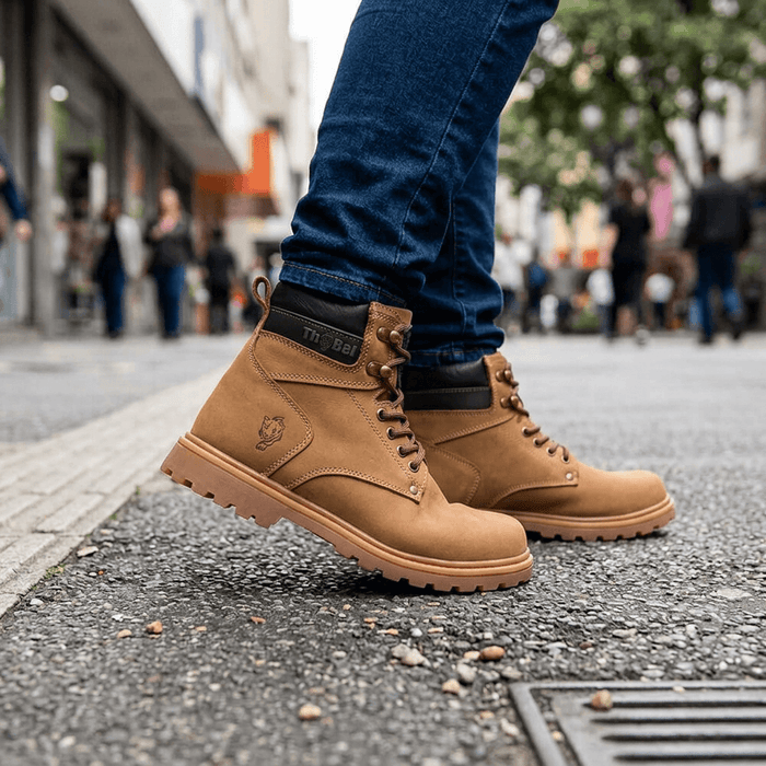 Bota para Trabalho Thabel WorkBel Anti Perfuro Coyote com CA em ambientes urbanos, destacando estilo e conforto.