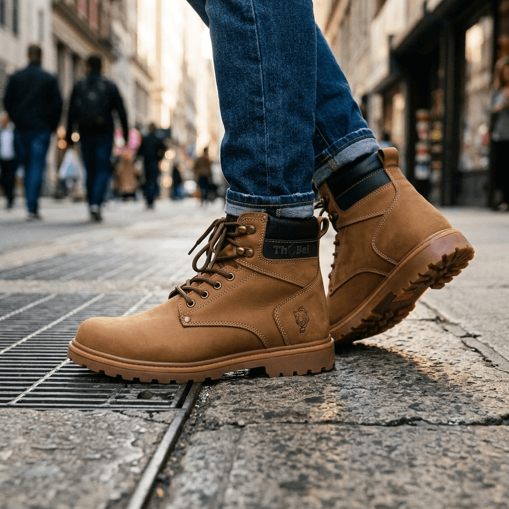 Bota para Trabalho Thabel WorkBel Anti Perfuro Coyote com CA sendo usada na rua por um homem.