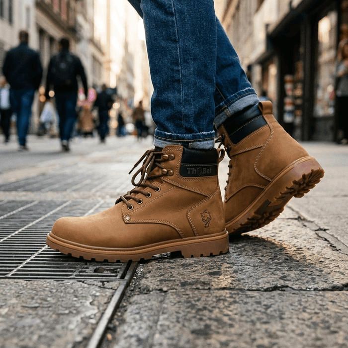 Bota para Trabalho Thabel WorkBel Anti Perfuro Coyote com CA sendo usada na rua por um homem.