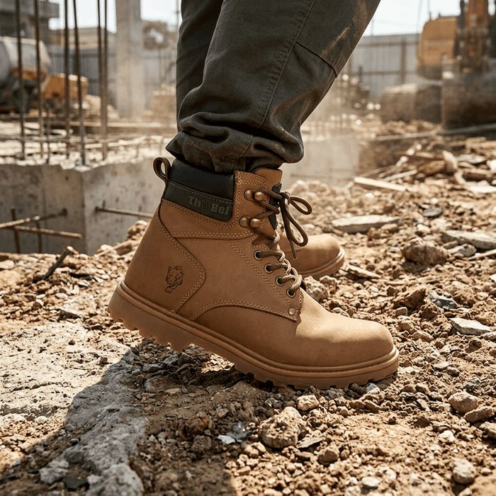 Bota para Trabalho Thabel WorkBel Anti Perfuro Coyote com CA em ambiente de construção