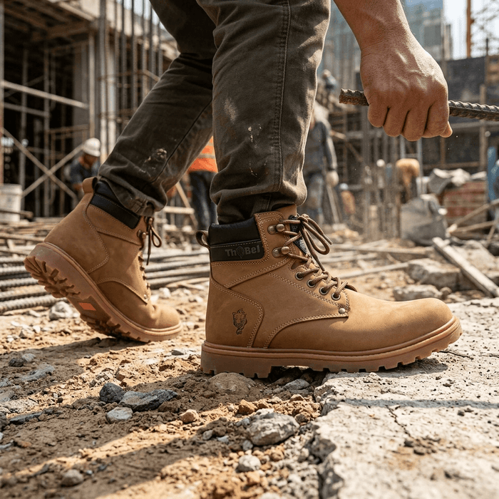 Bota para Trabalho Thabel WorkBel Anti Perfuro Coyote com CA em ambiente de construção