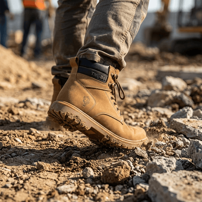 Bota para Trabalho Thabel WorkBel Anti Perfuro Coyote com CA em ambiente de construção.