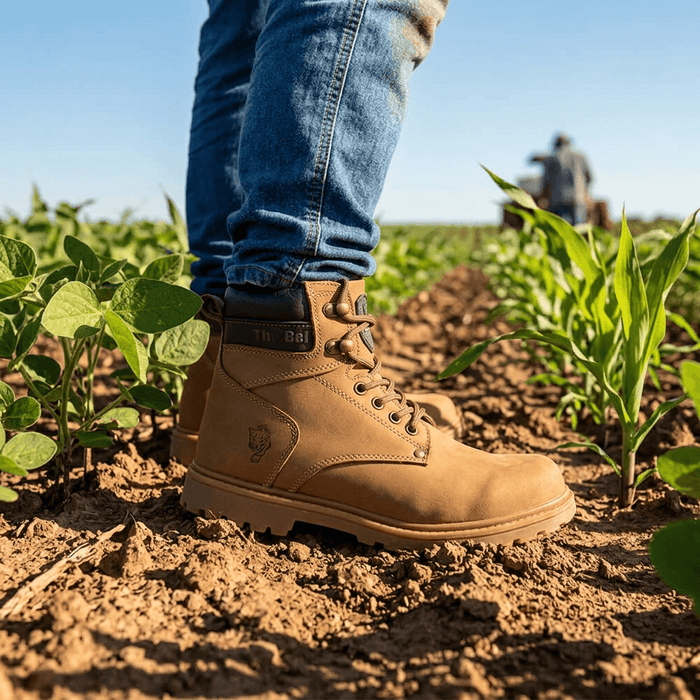 Bota para Trabalho Thabel WorkBel Anti Perfuro Coyote com CA em campo com plantas ao fundo.