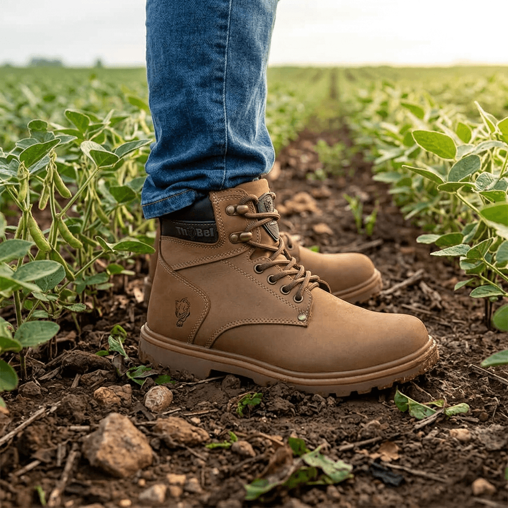 Bota para Trabalho Thabel WorkBel Anti Perfuro Coyote com CA em um campo