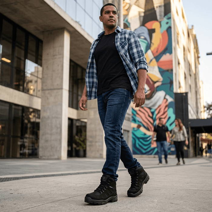 Homem caminhando com Bota Militar Thabel ThunderBel Anti Perfuro Preta com CA em ambiente urbano.