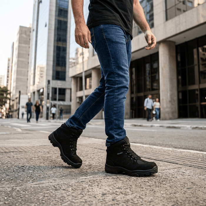 Homem caminhando na rua usando Bota Militar Thabel ThunderBel Anti Perfuro Preta com CA em ambiente urbano.
