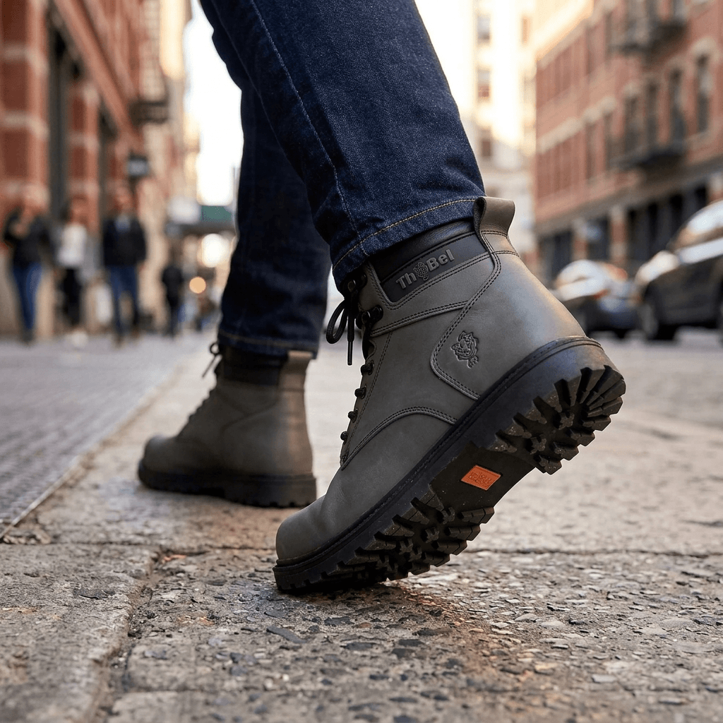 Bota de Trabalho Masculina Thabel WorkBel Anti Perfuro Chumbo com CA em ação em ambiente urbano.