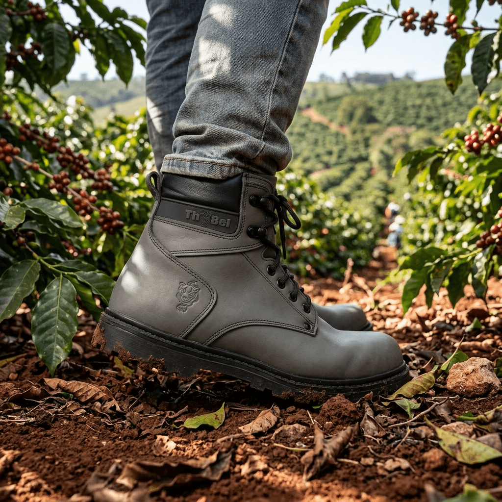 Bota de Trabalho Masculina Thabel WorkBel Anti Perfuro Chumbo com CA em cafezal, oferecendo conforto e proteção.