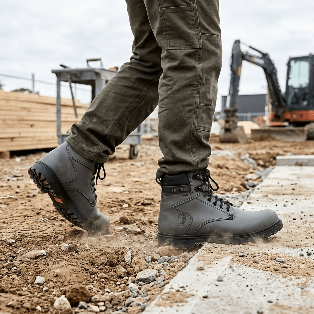 Bota de Trabalho Masculina Thabel WorkBel Anti Perfuro Chumbo com CA em uso na construção.