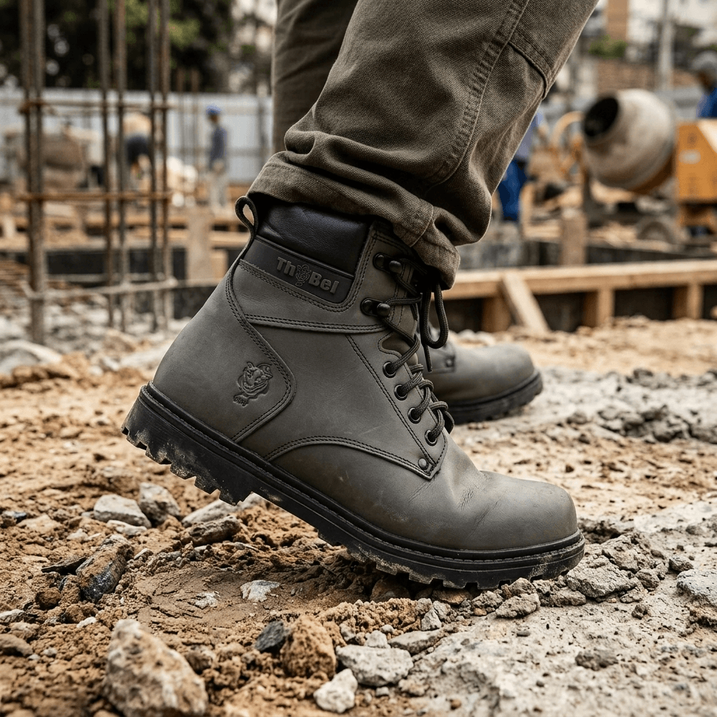 Bota de Trabalho Masculina Thabel WorkBel Anti Perfuro Chumbo com CA em construção, destacando conforto e estilo.
