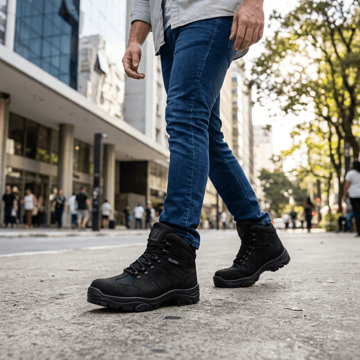 Bota Militar Thabel ThunderBel Anti Perfuro Preta com CA em uso urbano, mostrando conforto e durabilidade.