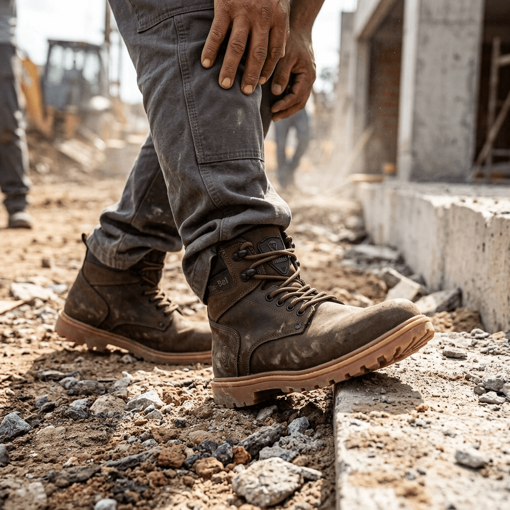 Bota Masculina para Trabalho Thabel WorkBel Anti Perfuro Marrom com CA em uso em ambiente de construção