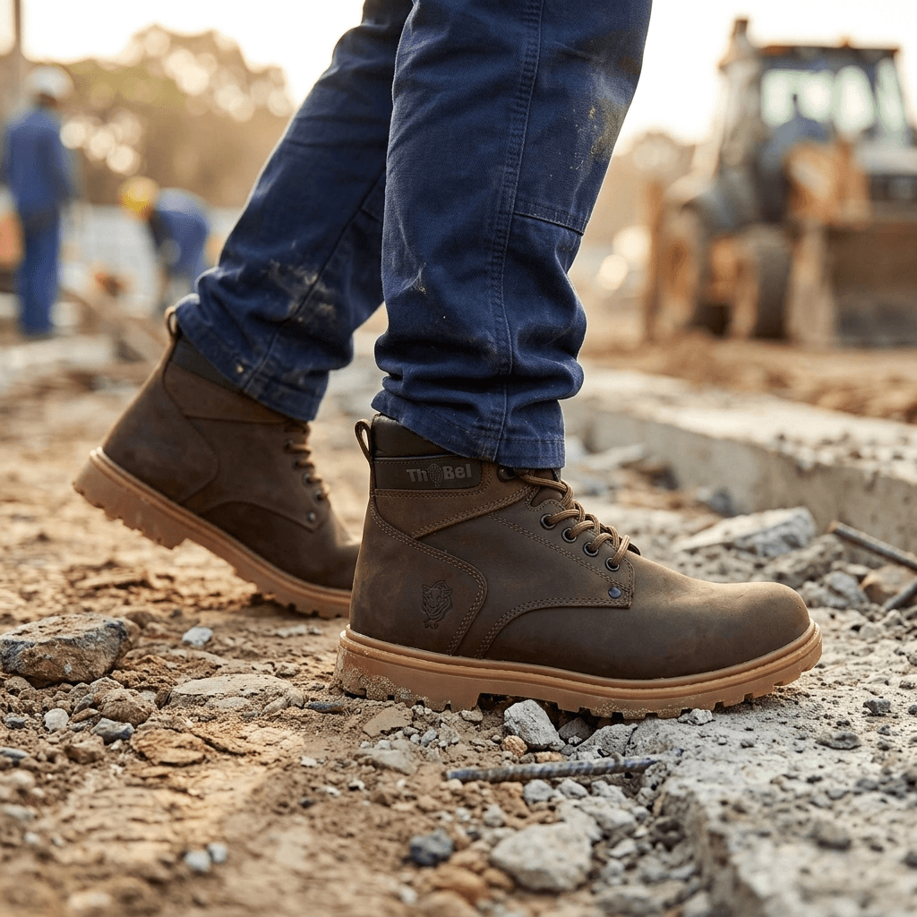 Bota Masculina para Trabalho Thabel WorkBel Anti Perfuro Marrom com CA em ambiente de construção.