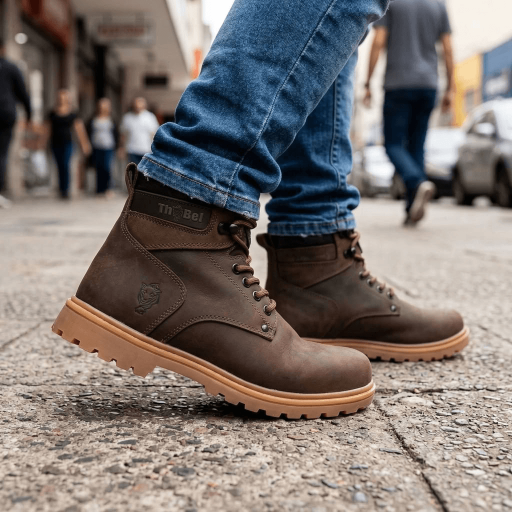 Bota Masculina para Trabalho Thabel WorkBel Anti Perfuro Marrom com CA em calçada urbana, destacando estilo e resistência.