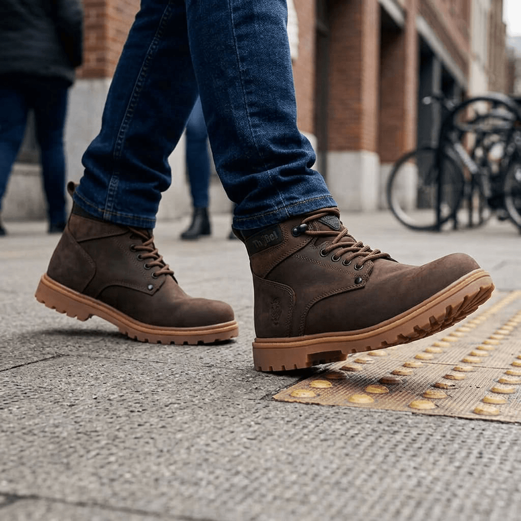 Bota Masculina para Trabalho Thabel WorkBel Anti Perfuro Marrom com CA em uso na calçada