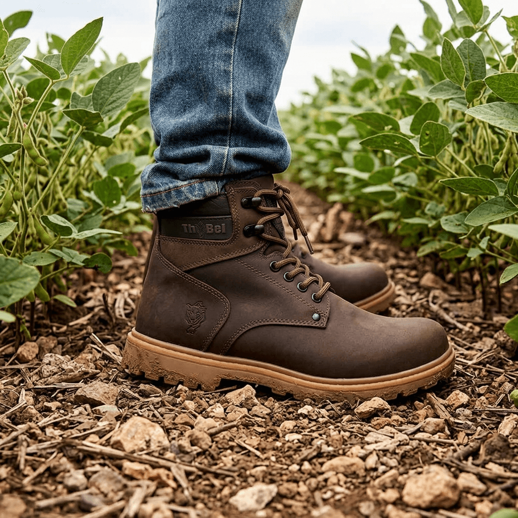 Bota Masculina para Trabalho Thabel WorkBel Anti Perfuro Marrom com CA em ambiente natural, ideal para trabalho.