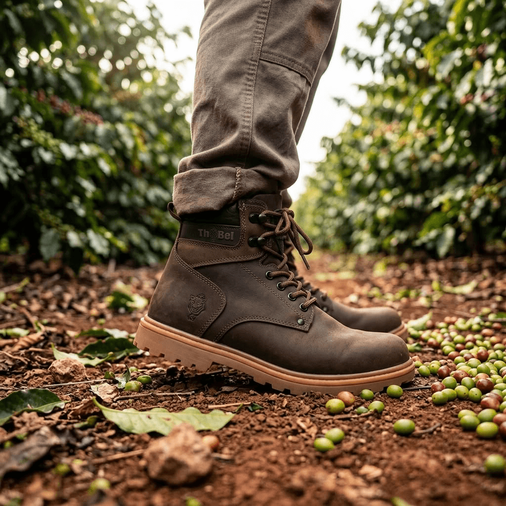 Bota Masculina para Trabalho Thabel WorkBel Anti Perfuro Marrom com CA em campo com grãos de café.