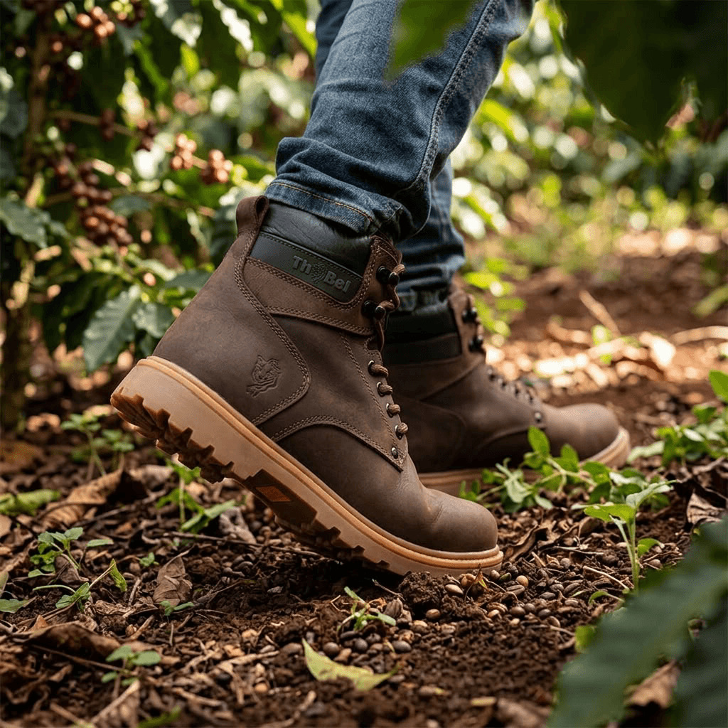 Bota Masculina para Trabalho Thabel WorkBel Anti Perfuro Marrom com CA em ambiente natural com folhagens.