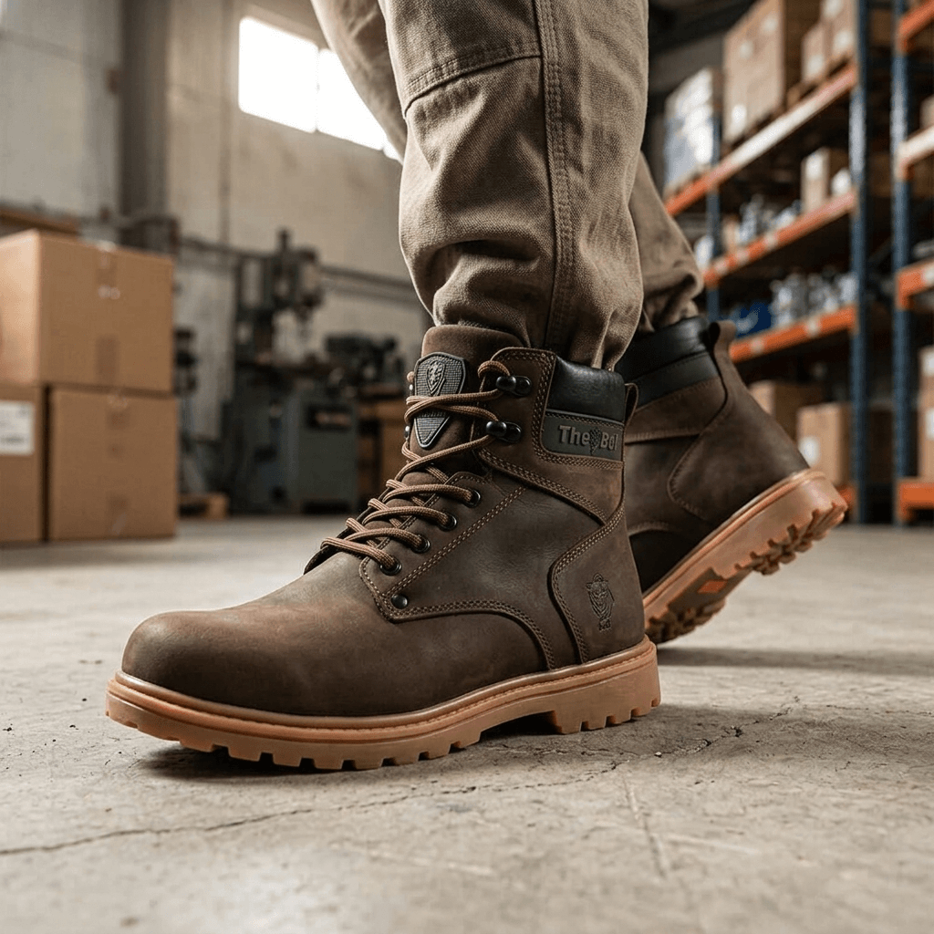 Bota Masculina para Trabalho Thabel WorkBel Anti Perfuro Marrom com CA em ambiente de trabalho com piso cimentado.