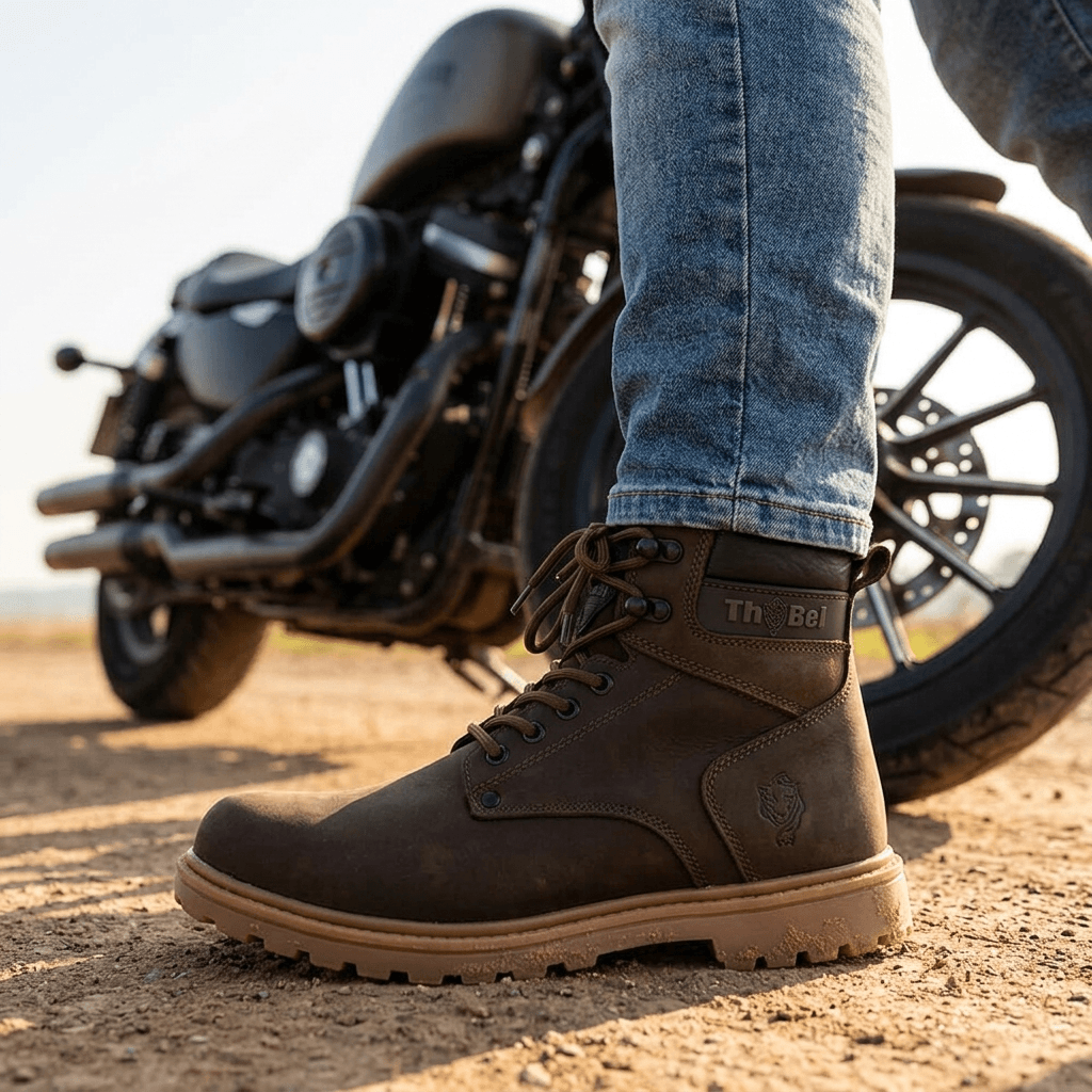 Bota Masculina para Trabalho Thabel WorkBel Anti Perfuro Marrom com CA ao lado de uma moto