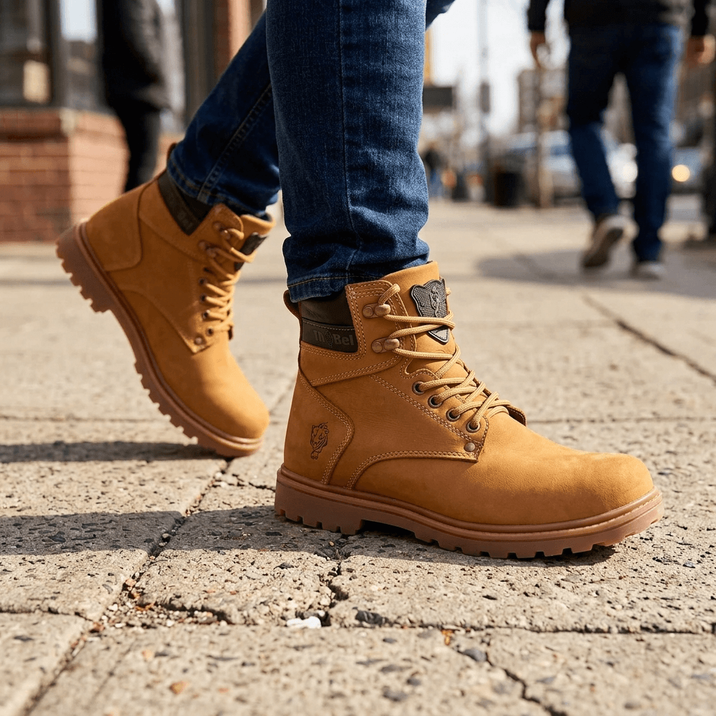 Bota de Segurança Thabel WorkBel Anti Perfuro Yellow com CA em ambiente urbano, estilo militar e conforto destacado.