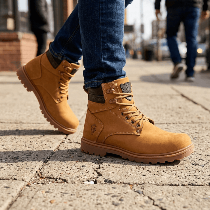 Bota de Segurança Thabel WorkBel Anti Perfuro Yellow com CA em ambiente urbano, estilo militar e conforto destacado.