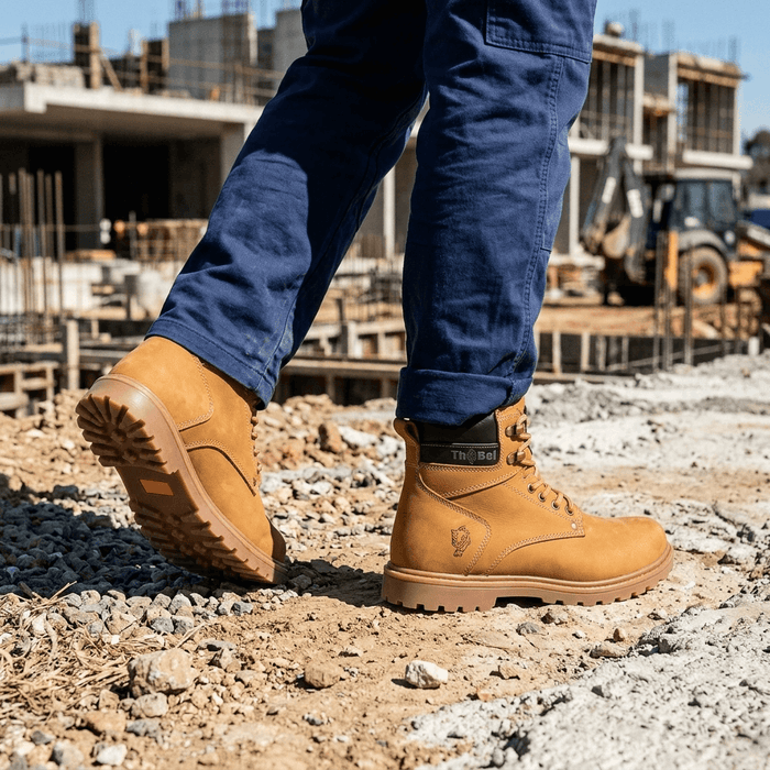 Bota de Segurança Thabel WorkBel Anti Perfuro Yellow com CA em ambiente de construção, destacando conforto e proteção.