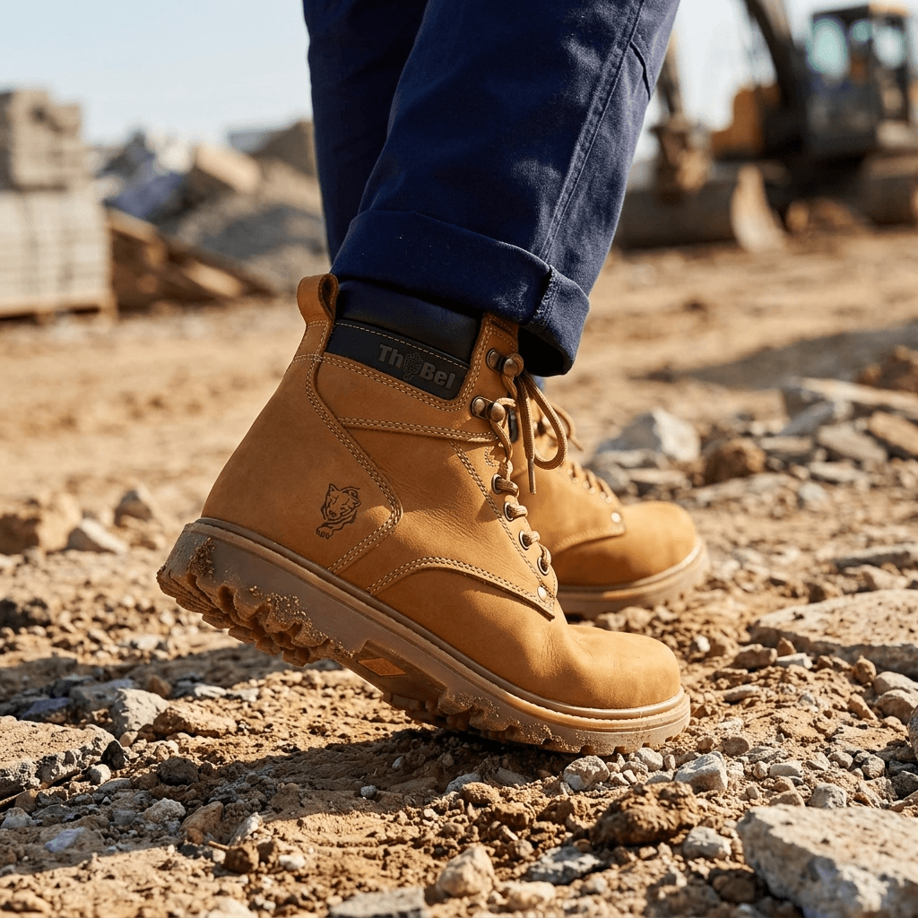 Bota de Segurança Thabel WorkBel Anti Perfuro Yellow com CA em ambiente de trabalho, estilo militar e conforto.