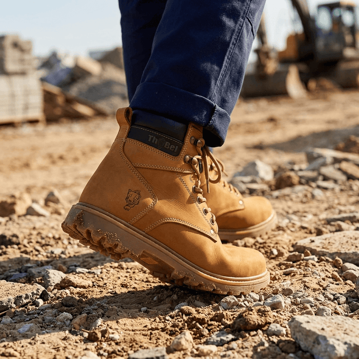 Bota de Segurança Thabel WorkBel Anti Perfuro Yellow com CA em ambiente de trabalho, estilo militar e conforto.