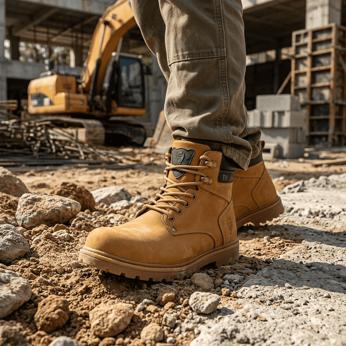 Bota de Segurança Thabel WorkBel Anti Perfuro Yellow com CA em ambiente de construção, destacando conforto e estilo militar.
