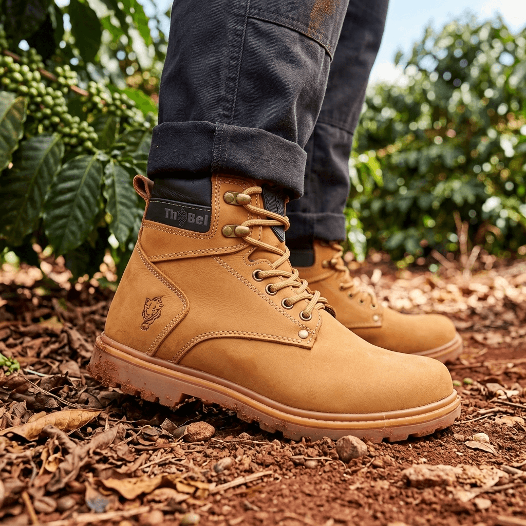 Bota de Segurança Thabel WorkBel Anti Perfuro Yellow com CA em ambiente natural, destacando seu design tático.