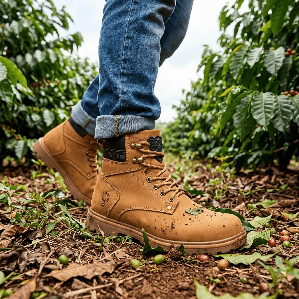 Bota de Segurança Thabel WorkBel Anti Perfuro Yellow com CA em ambiente agrícola, mostrando conforto e estilo.