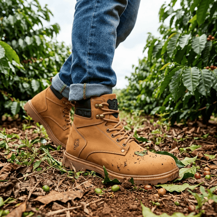 Bota de Segurança Thabel WorkBel Anti Perfuro Yellow com CA em ambiente agrícola, mostrando conforto e estilo.