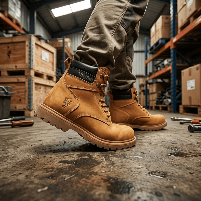 Bota de Segurança Thabel WorkBel Anti Perfuro Yellow com CA em ambiente de trabalho, com estilo militar e conforto.
